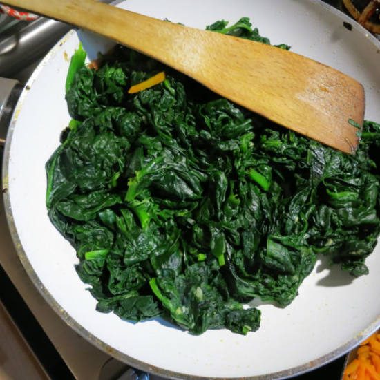 Homemade spinach on a Gas Stove in a pan. So Yummy